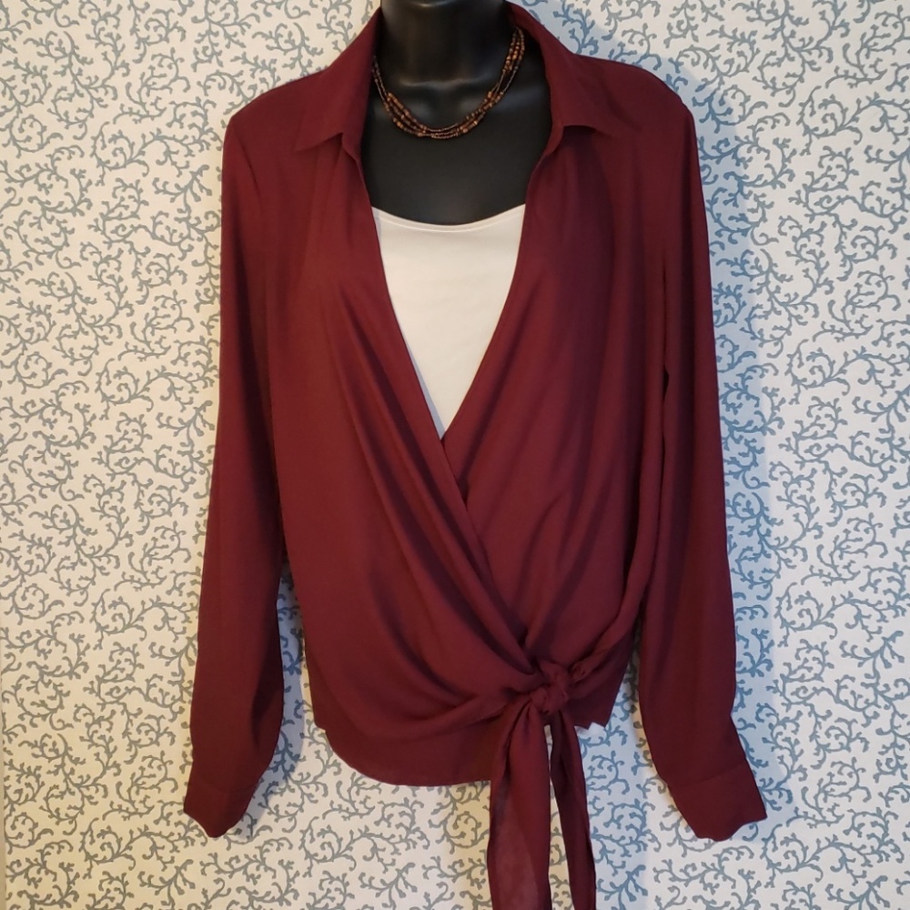 VENUS  SHEER BURGUNDY WRAP STYLE BLOUSE *08